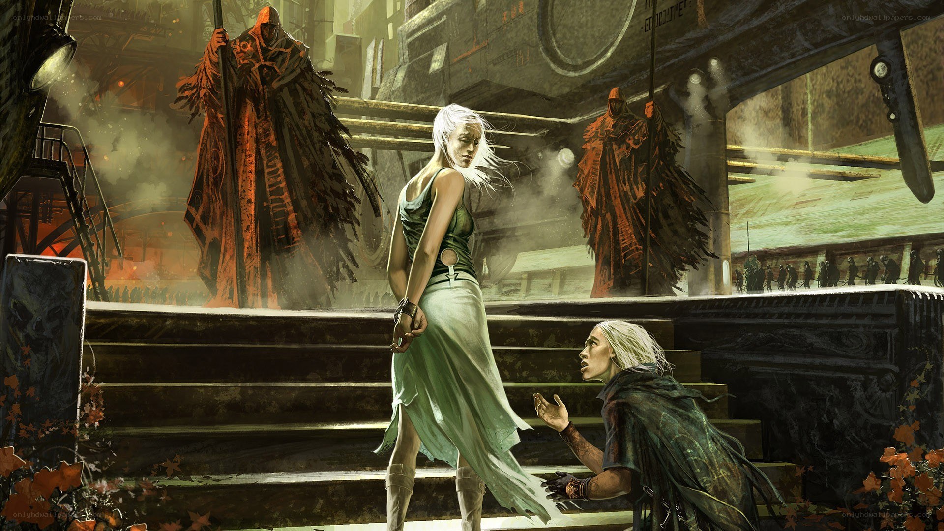 Fantasy scene with cloaked figures