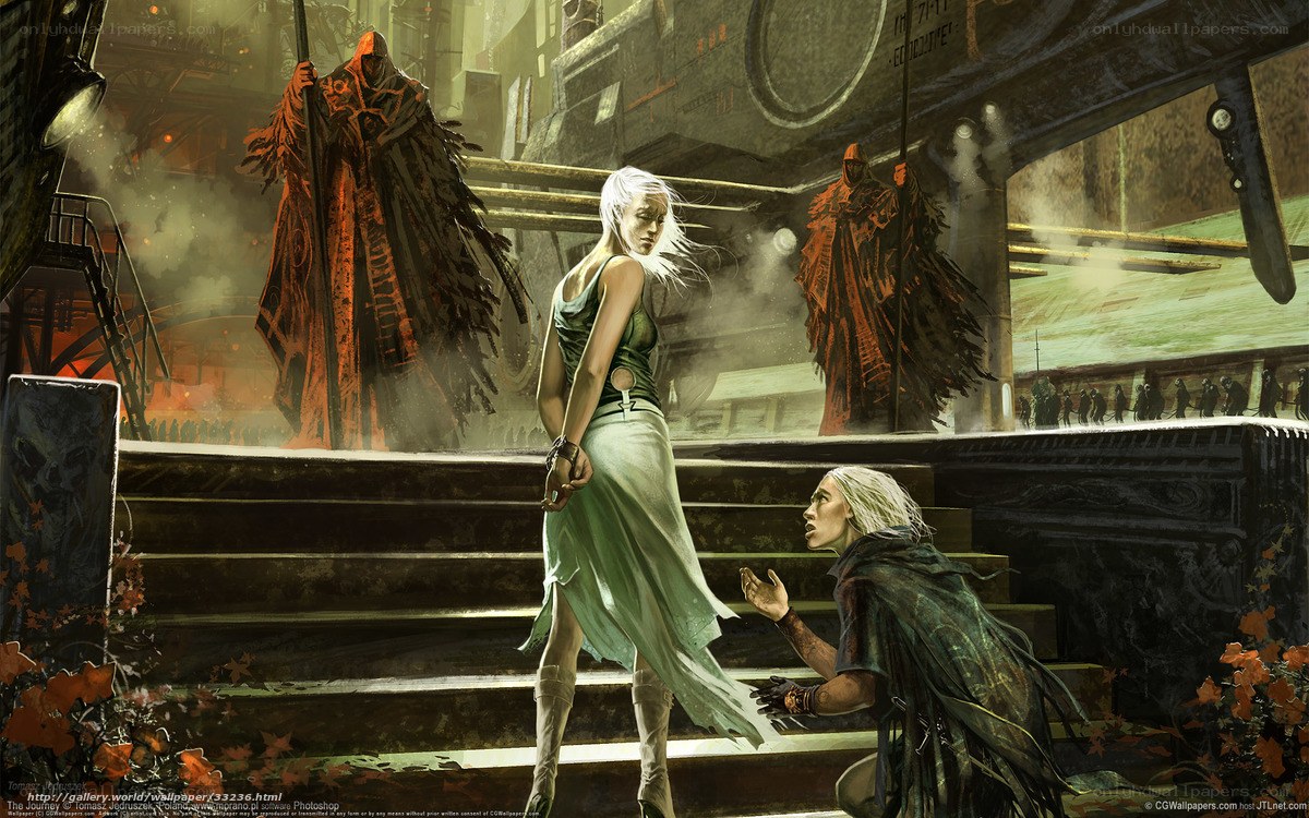 Fantasy scene with cloaked figures