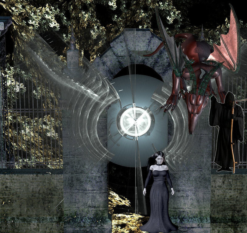 Fantasy scene with dragon and woman
