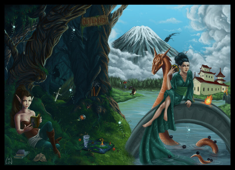 Fantasy scene with elves and a dragon