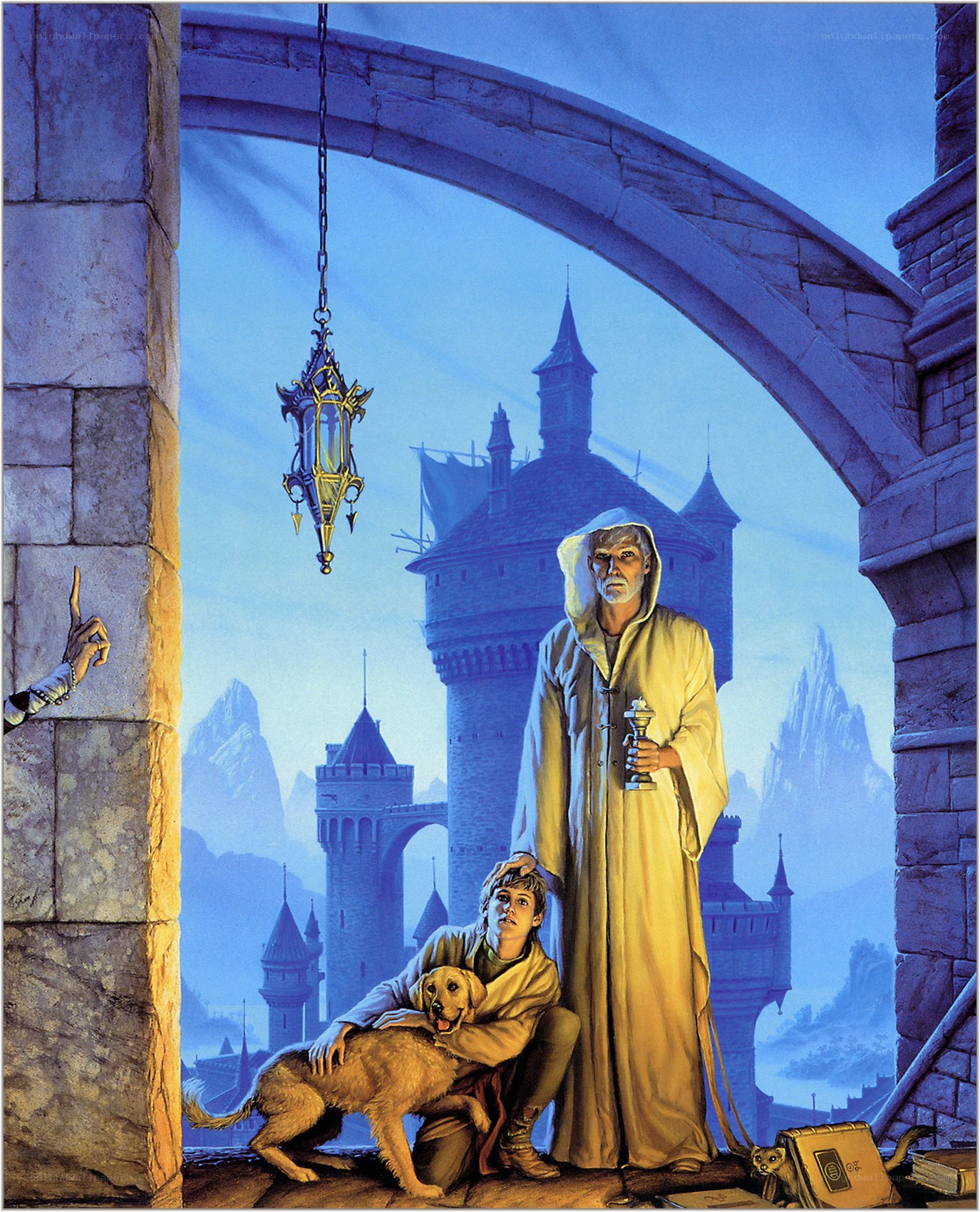 Fantasy scene with mage and boy
