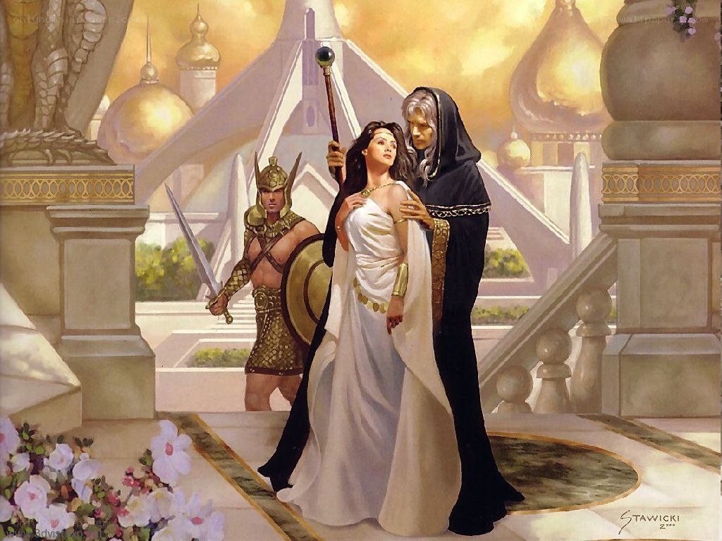 Fantasy scene with warrior and priestess