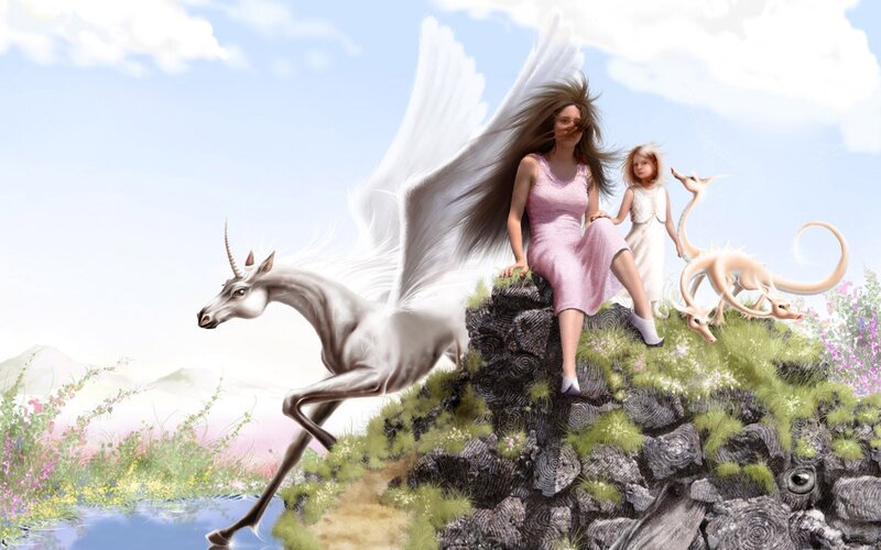 Fantasy scene with winged woman