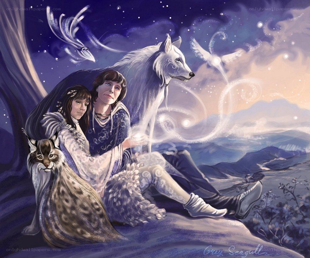 Fantasy scene with women and animals