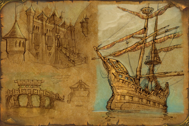 fantasy ship and castle sketches