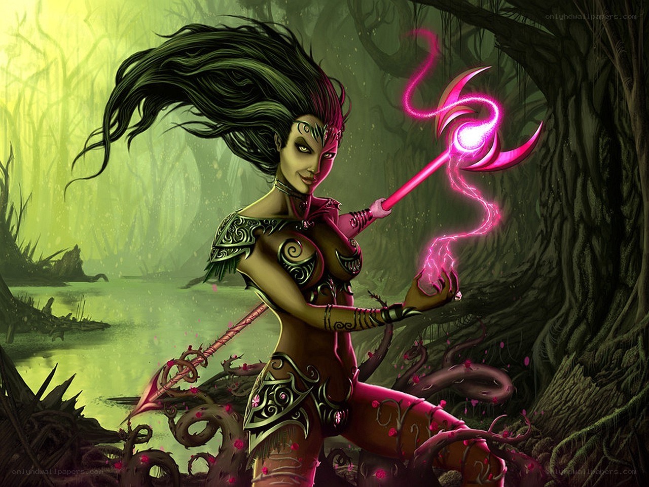 Fantasy sorceress in a swamp