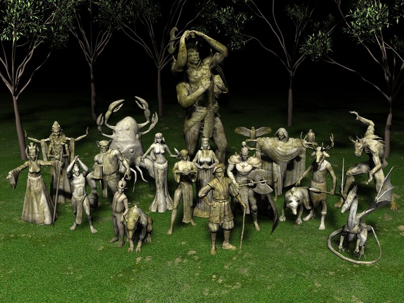 fantasy statues in a forest
