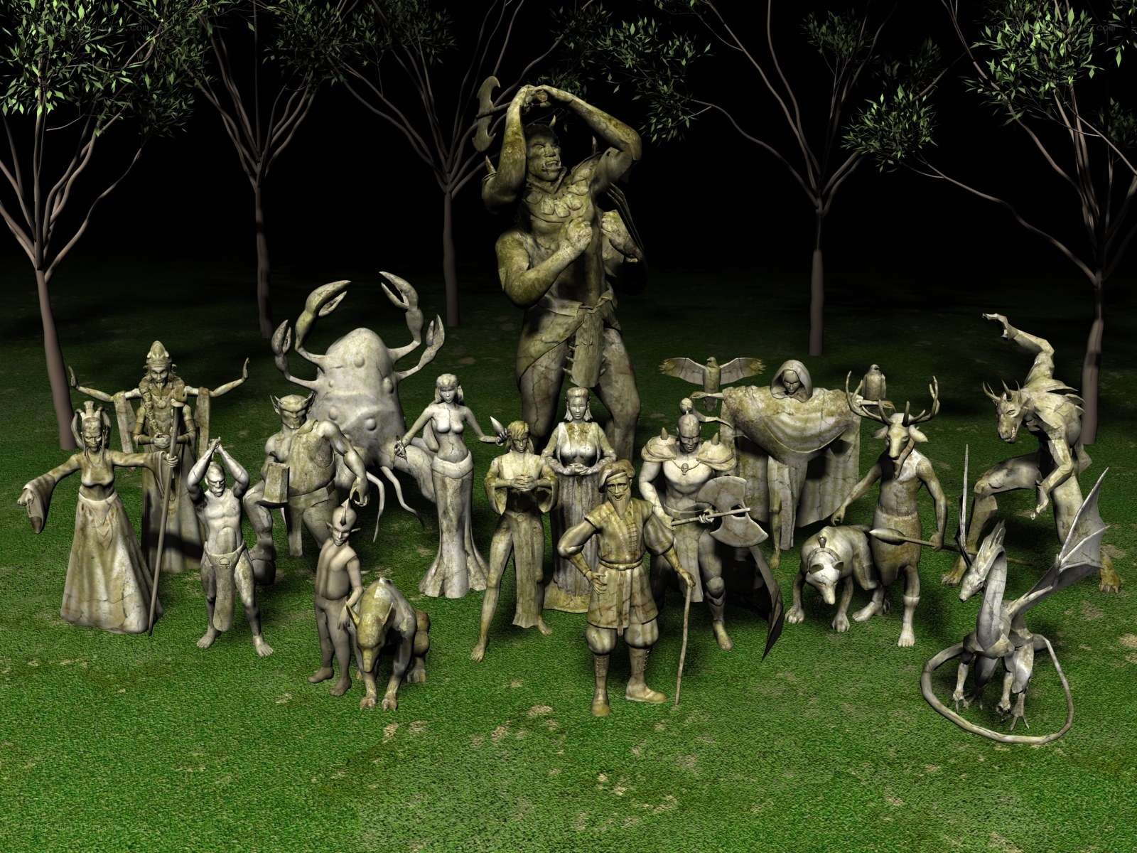 fantasy statues in a forest