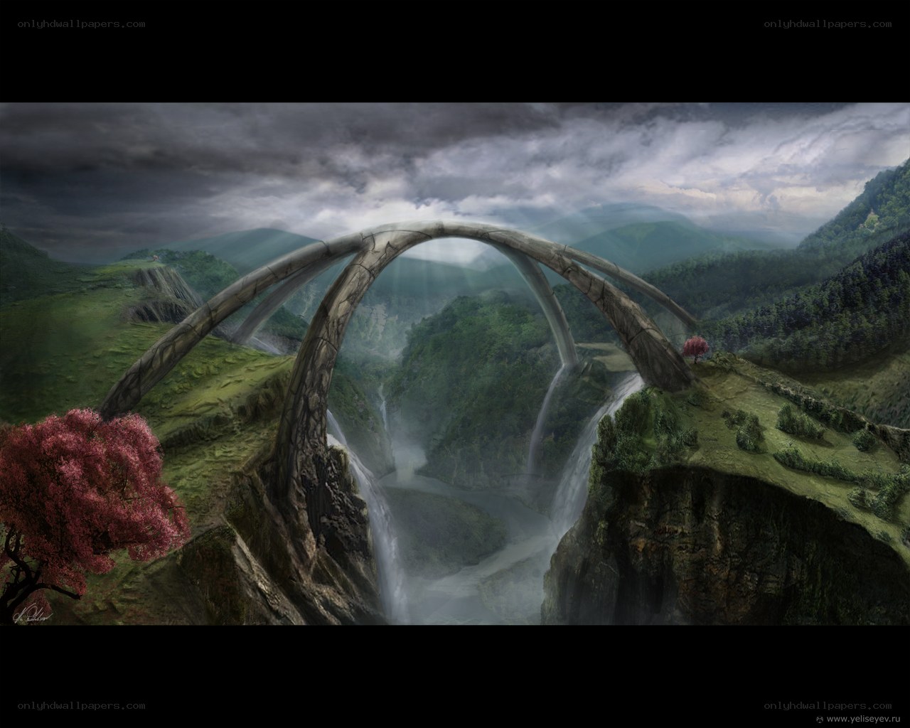Fantasy stone bridge over canyon