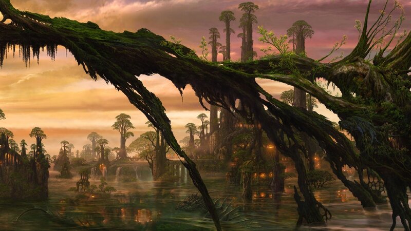 fantasy swamp village at dusk