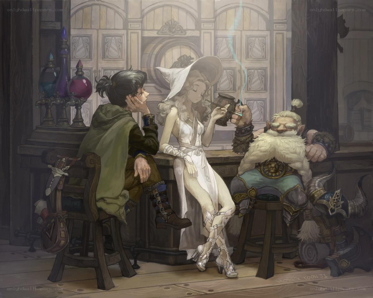 Fantasy tavern scene with adventurers