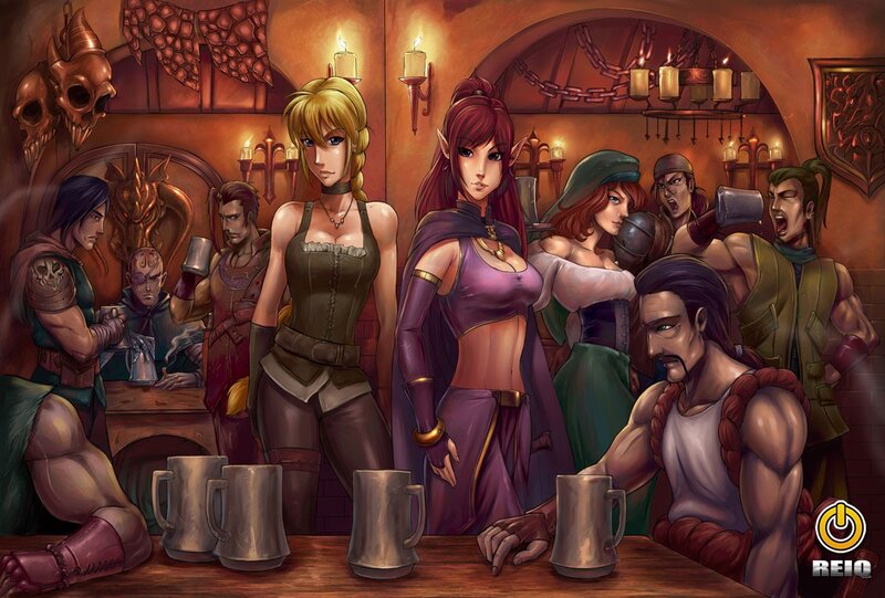 Fantasy tavern scene with adventurers