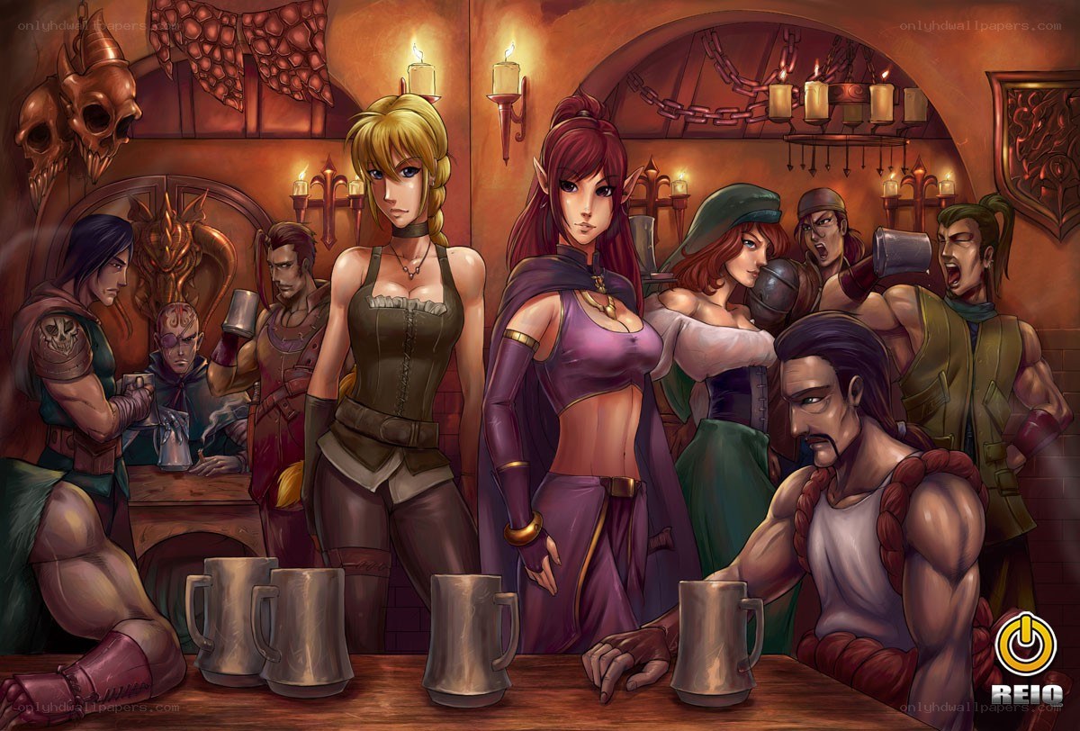 Fantasy tavern scene with adventurers