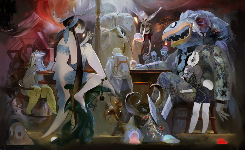 Fantasy tavern scene with creatures