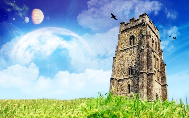 Fantasy tower with planets