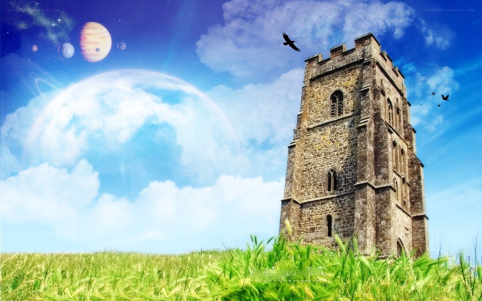Fantasy tower with planets