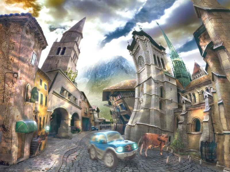 Fantasy town with car and cow