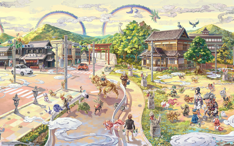 Fantasy town with mythical creatures