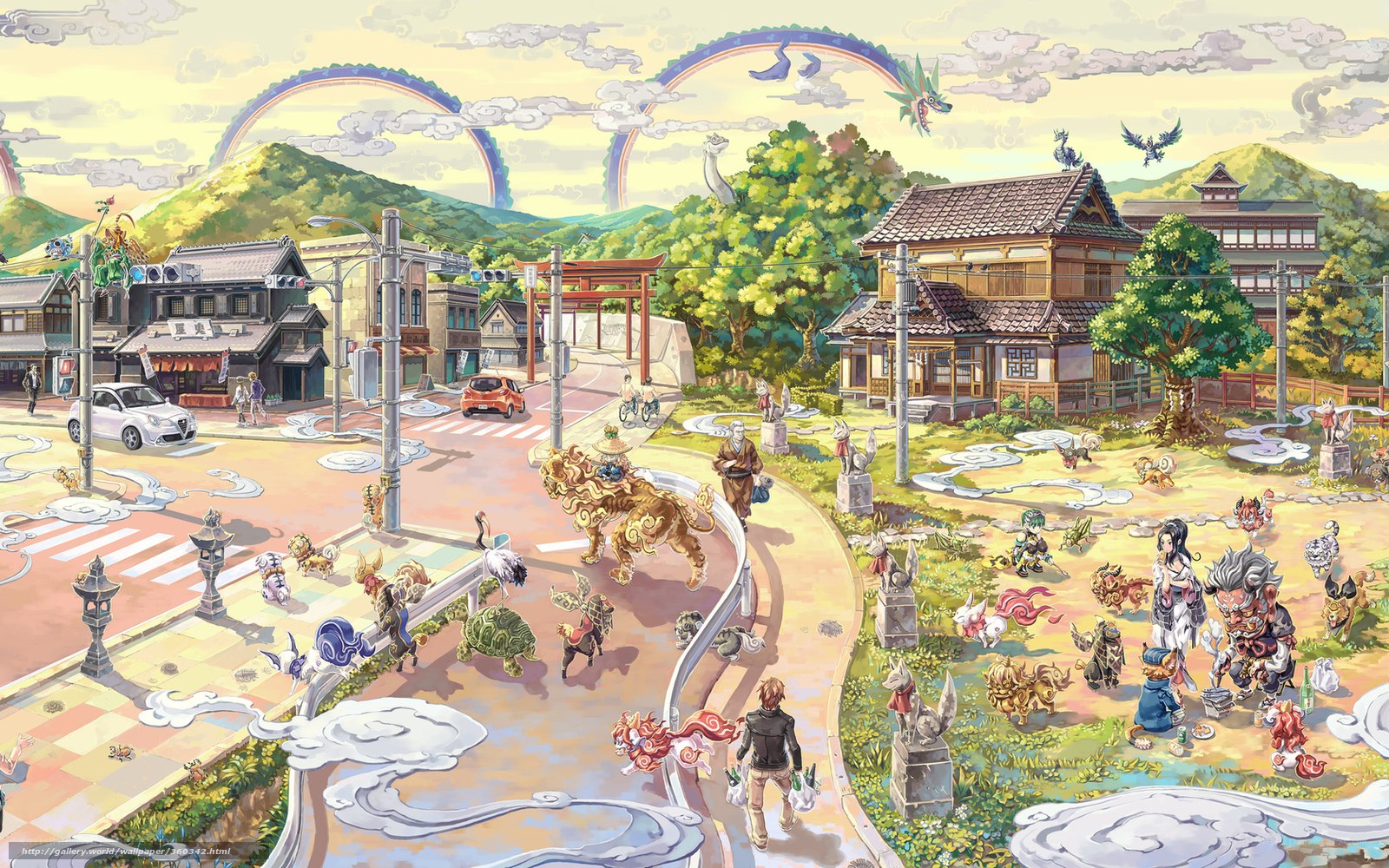 Fantasy town with mythical creatures