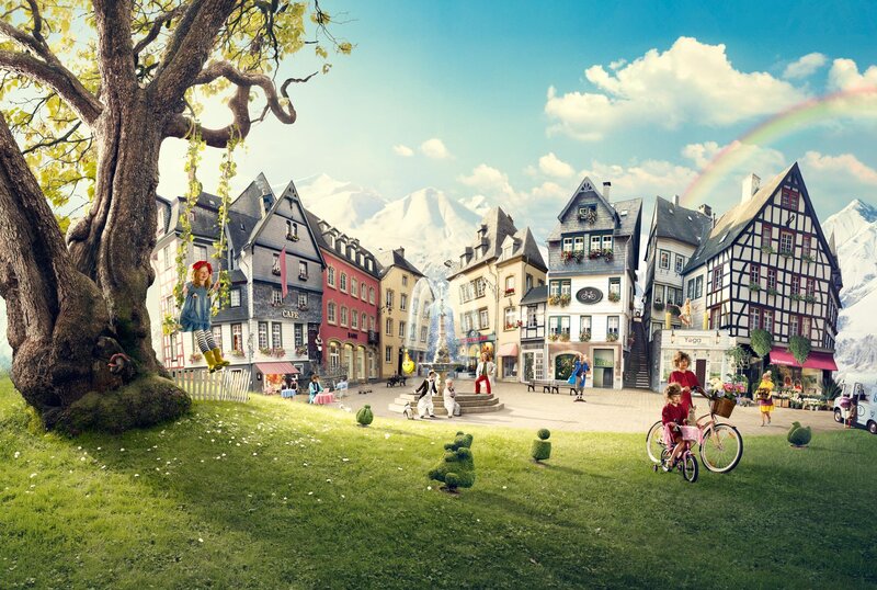 Fantasy town with rainbow