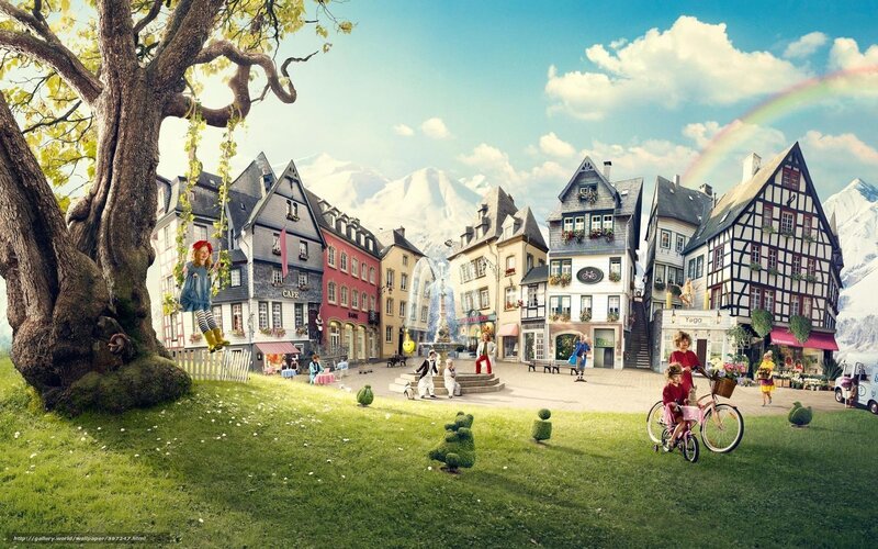 Fantasy town with rainbow