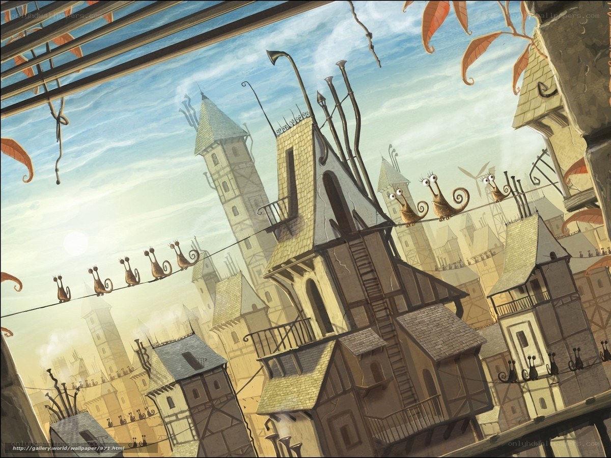 Fantasy town with snail-like creatures