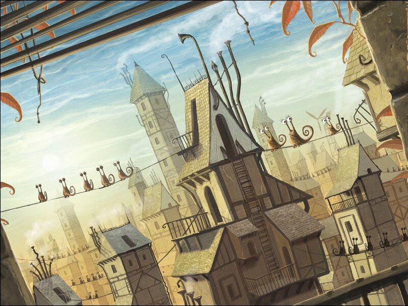 Fantasy town with snails on wires