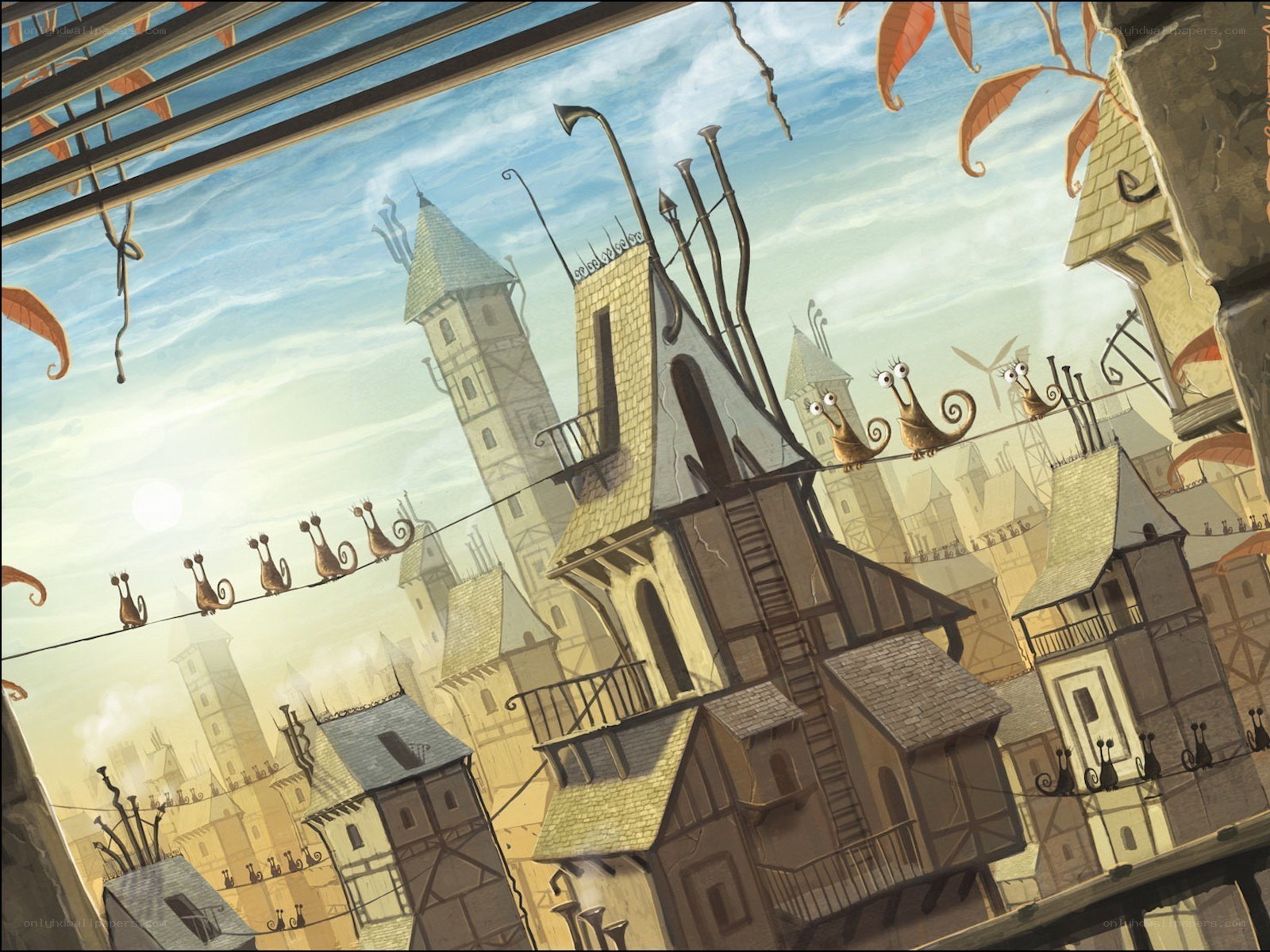 Fantasy town with snails on wires