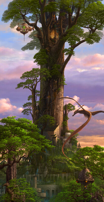Fantasy tree city with dragon