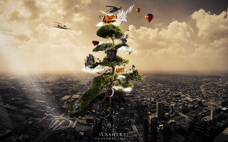 fantasy tree over city