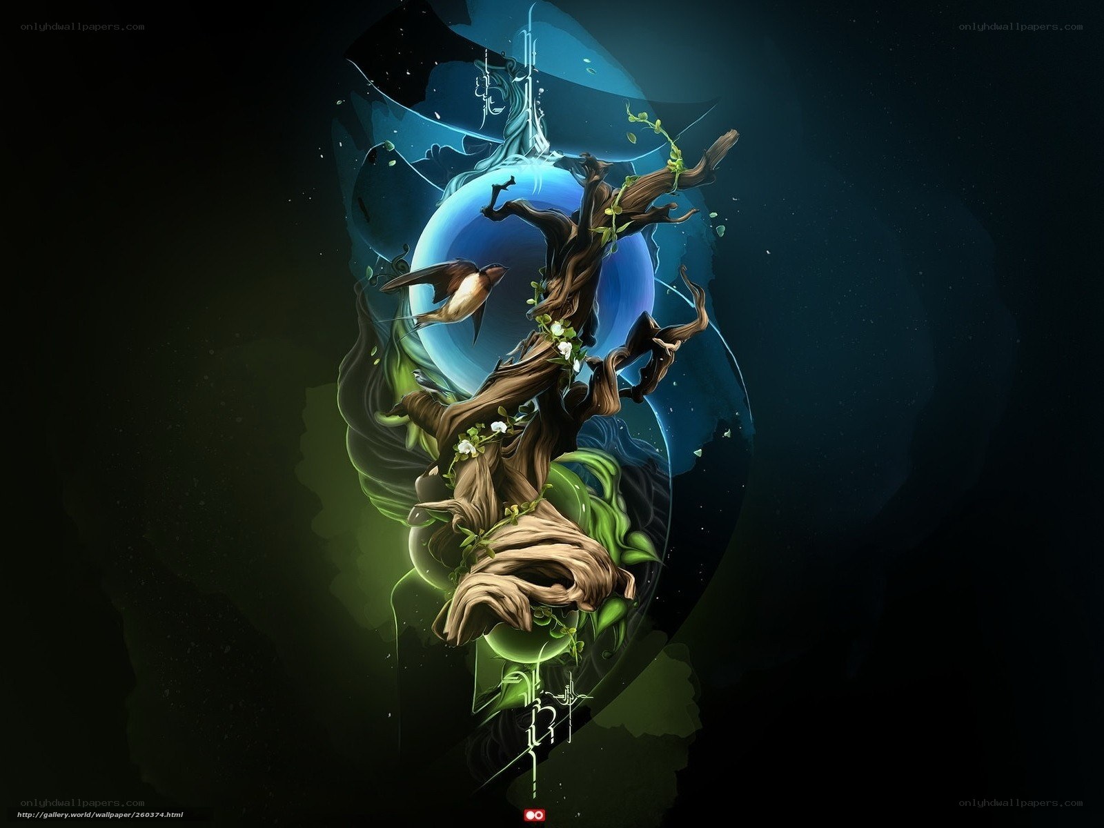 Fantasy tree with bird and moon