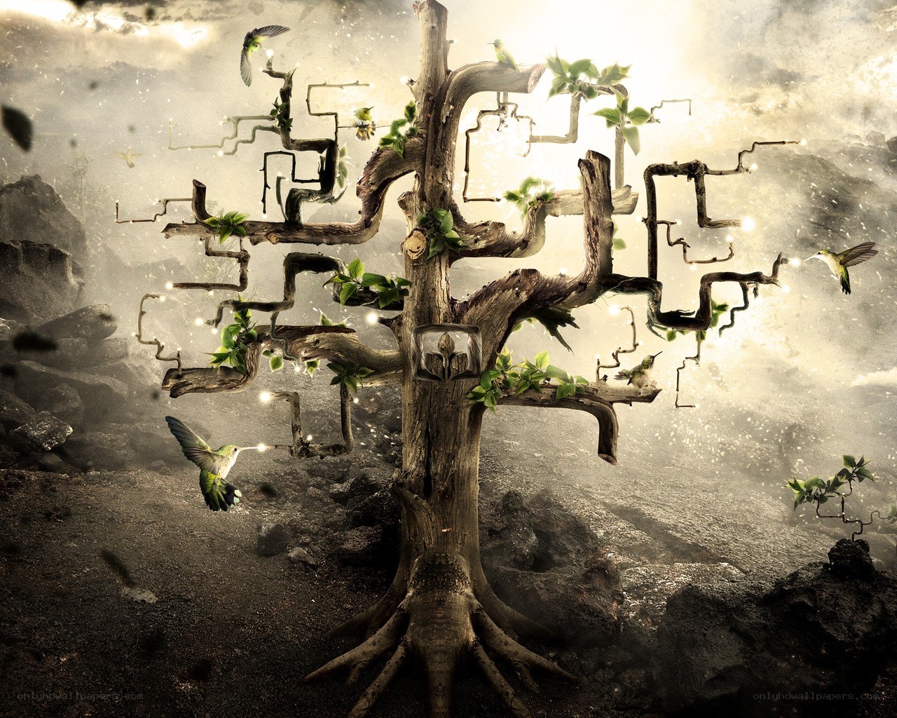 Fantasy tree with hummingbirds