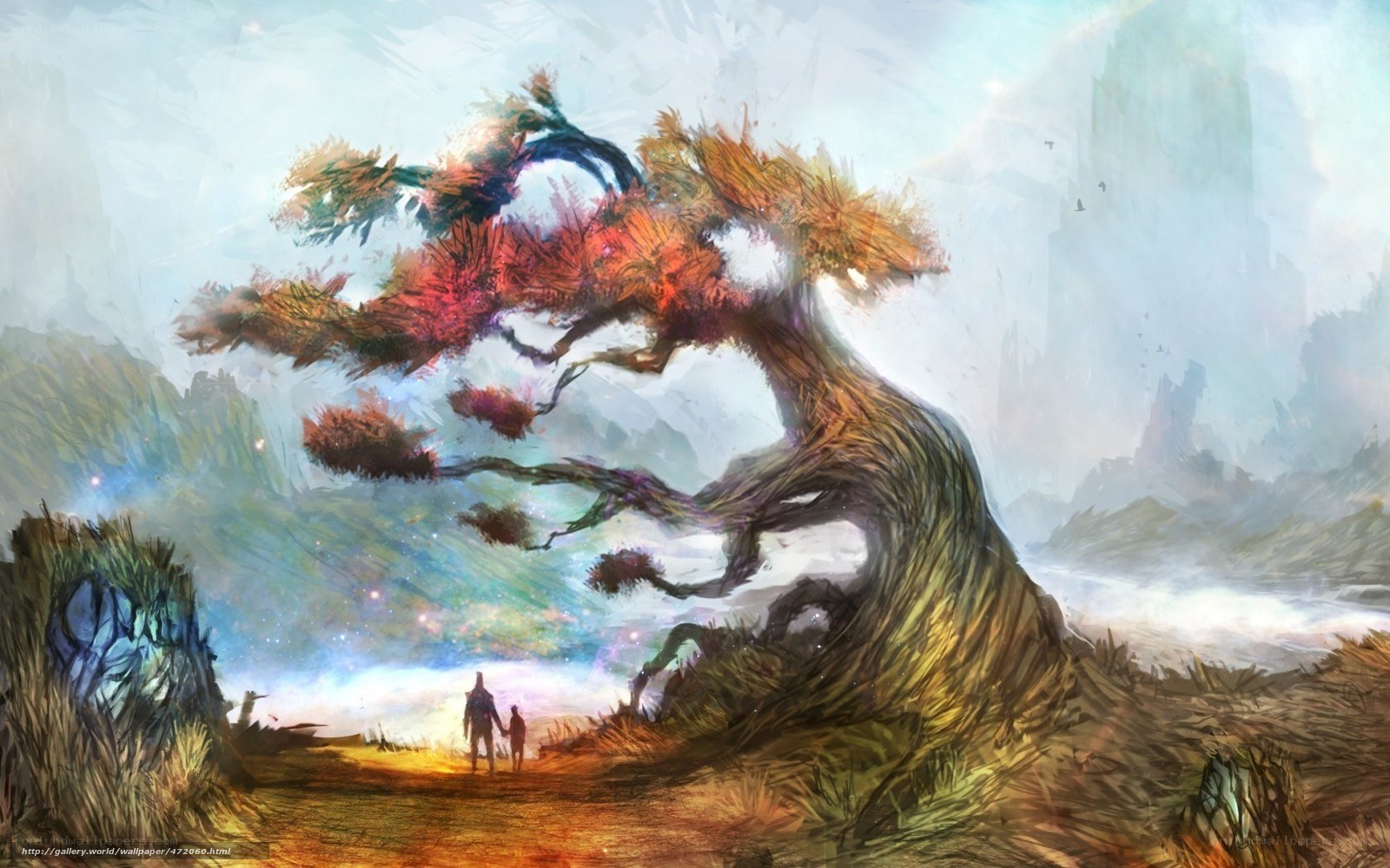 Fantasy tree with travelers