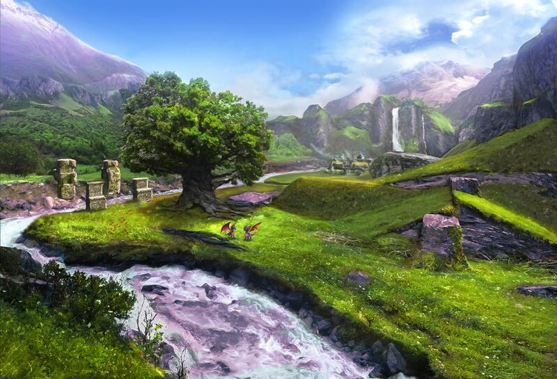 Fantasy valley with dragons