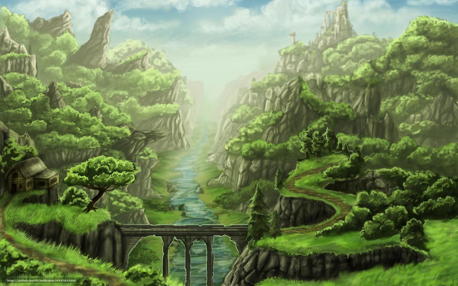 Fantasy valley with river and bridge