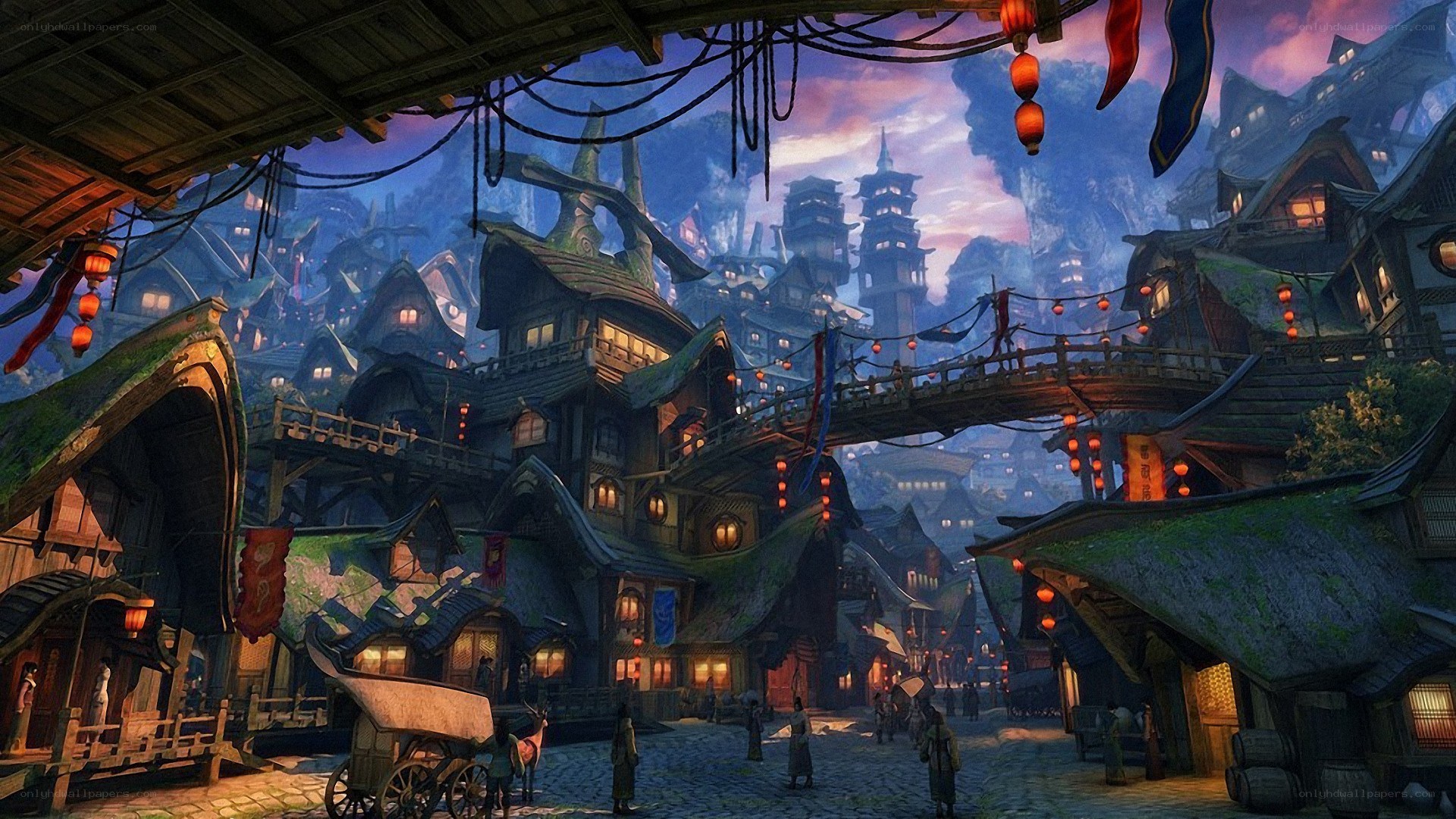 Fantasy village at dusk