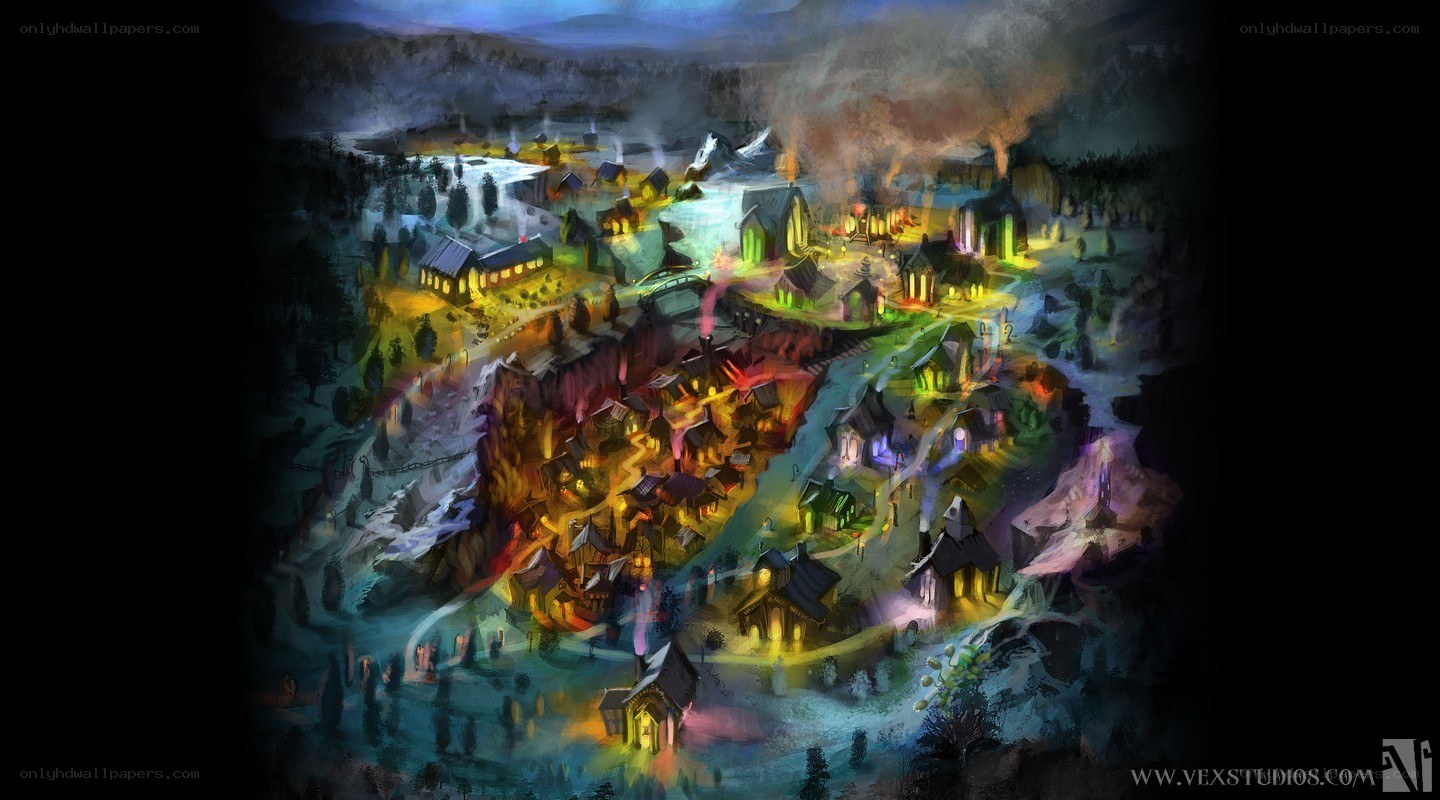 Fantasy village at night