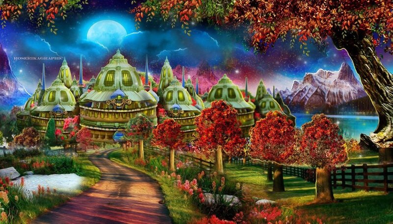 Fantasy Village at Night — Blue, Dreamy