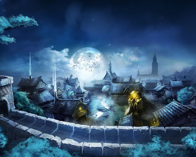 Fantasy Village at Night — Blue