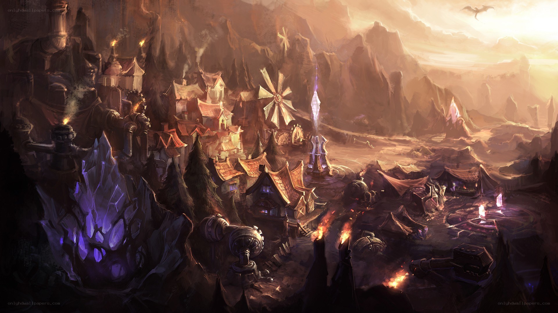 Fantasy village at sunset