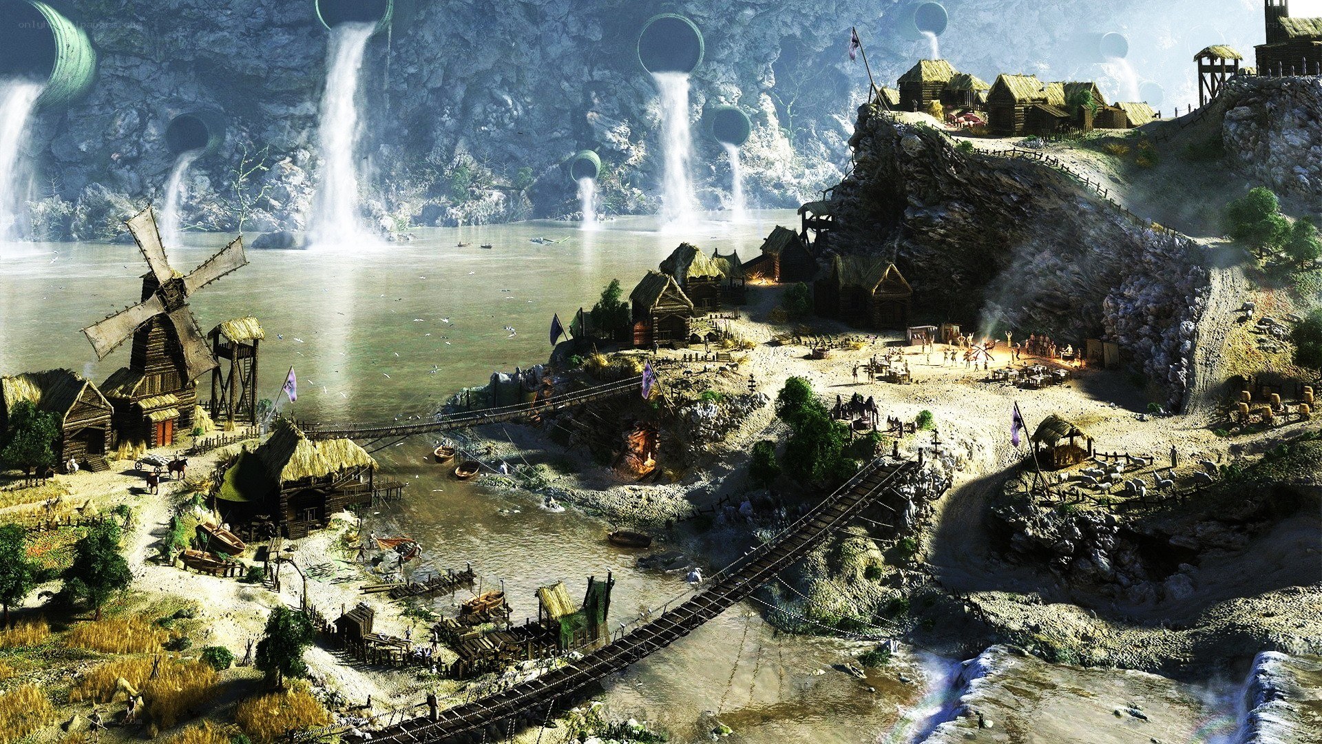 Fantasy village by the waterfall