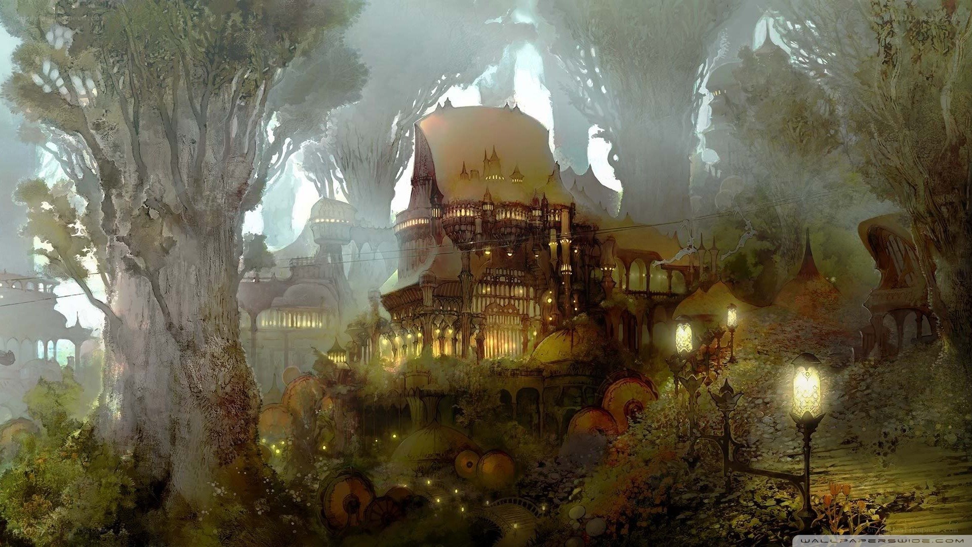 Fantasy village in ancient forest