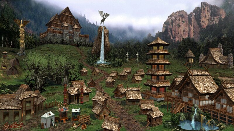 Fantasy village in mountain valley