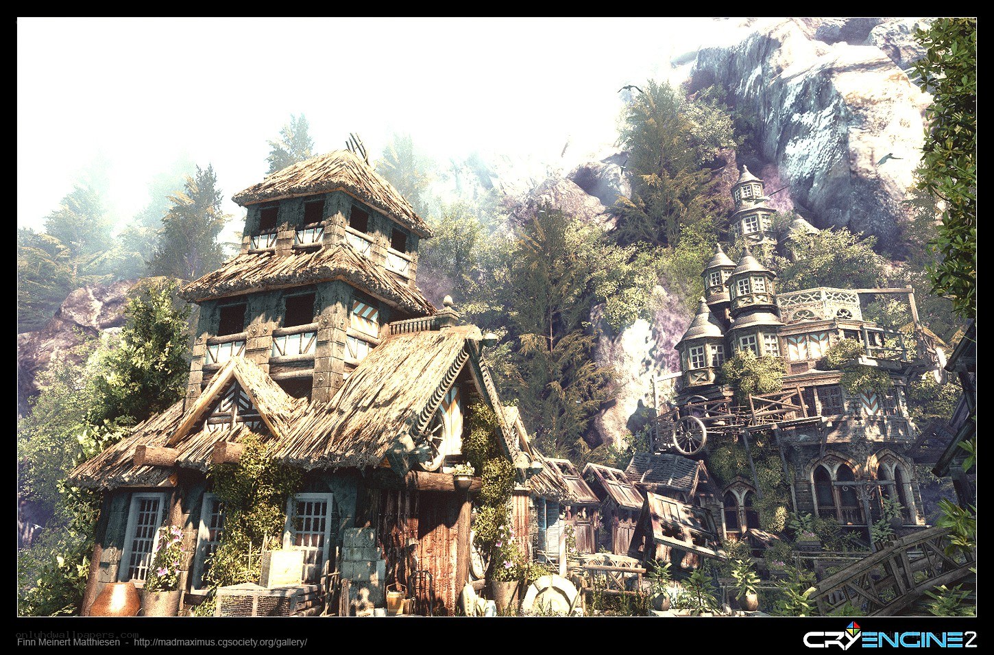 Fantasy village in mountain valley