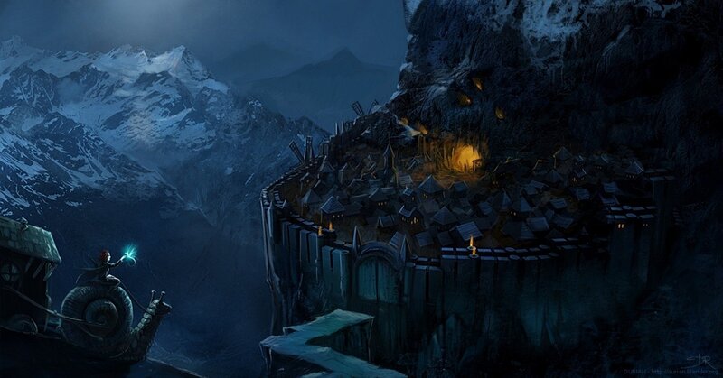 Fantasy village in snowy mountains