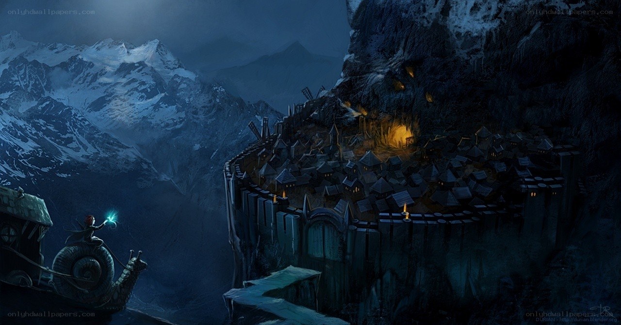 Fantasy village in snowy mountains