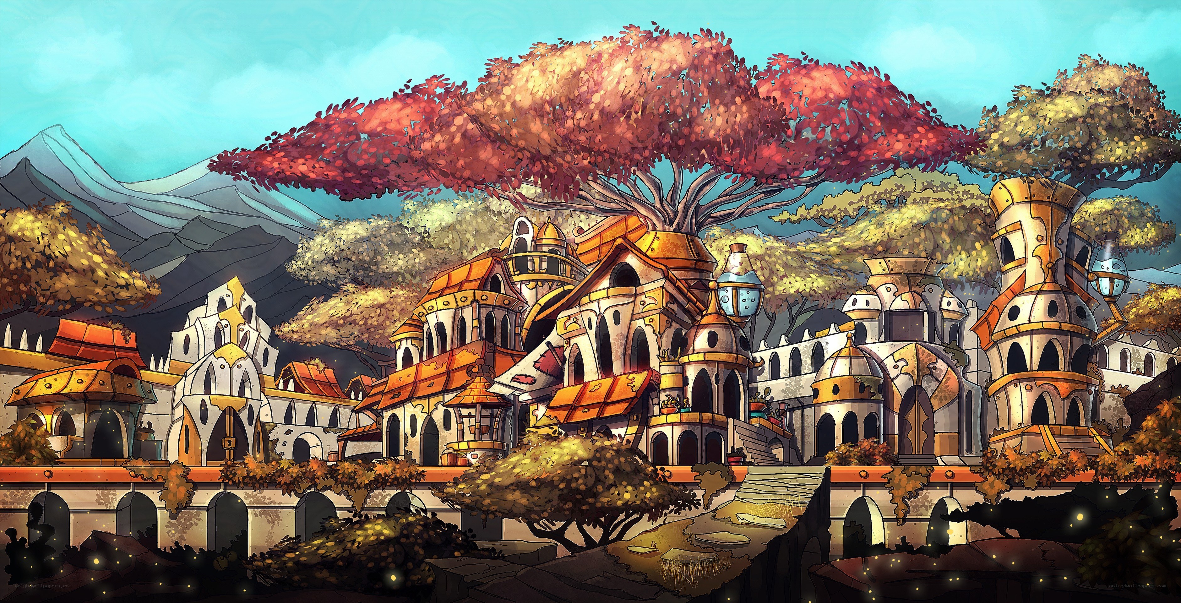 Fantasy village under autumn tree