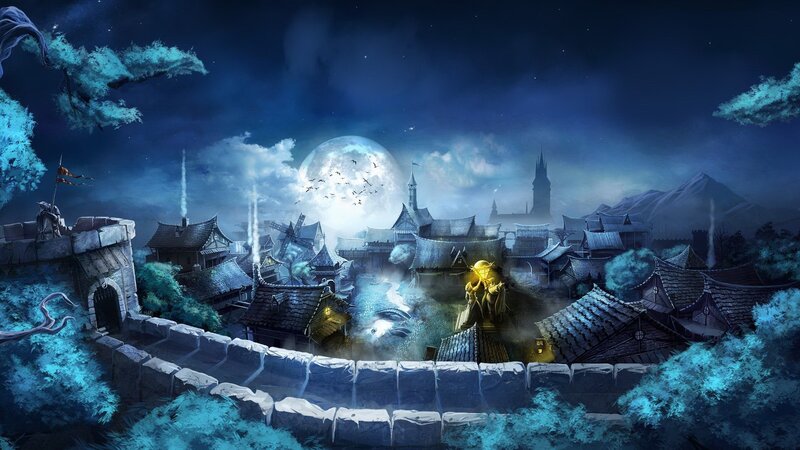 Fantasy village under moonlight