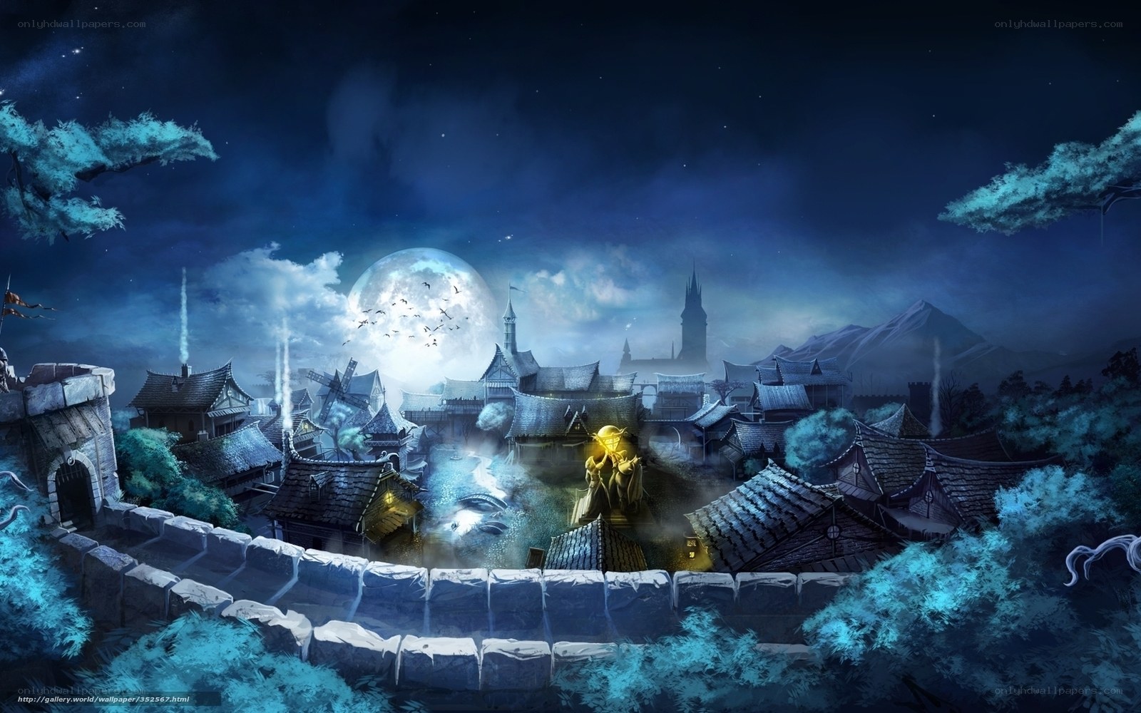 Fantasy village under moonlight