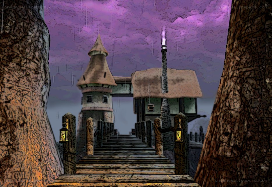 Fantasy village under purple sky